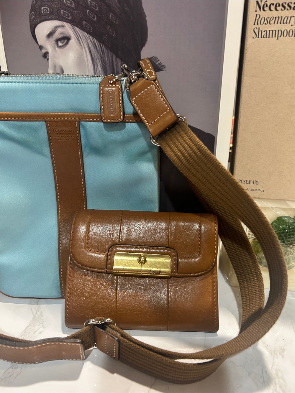 Coach Light Blue and Brown Leather-Trim Crossbody with Matching Wallet - Picture 5 of 13